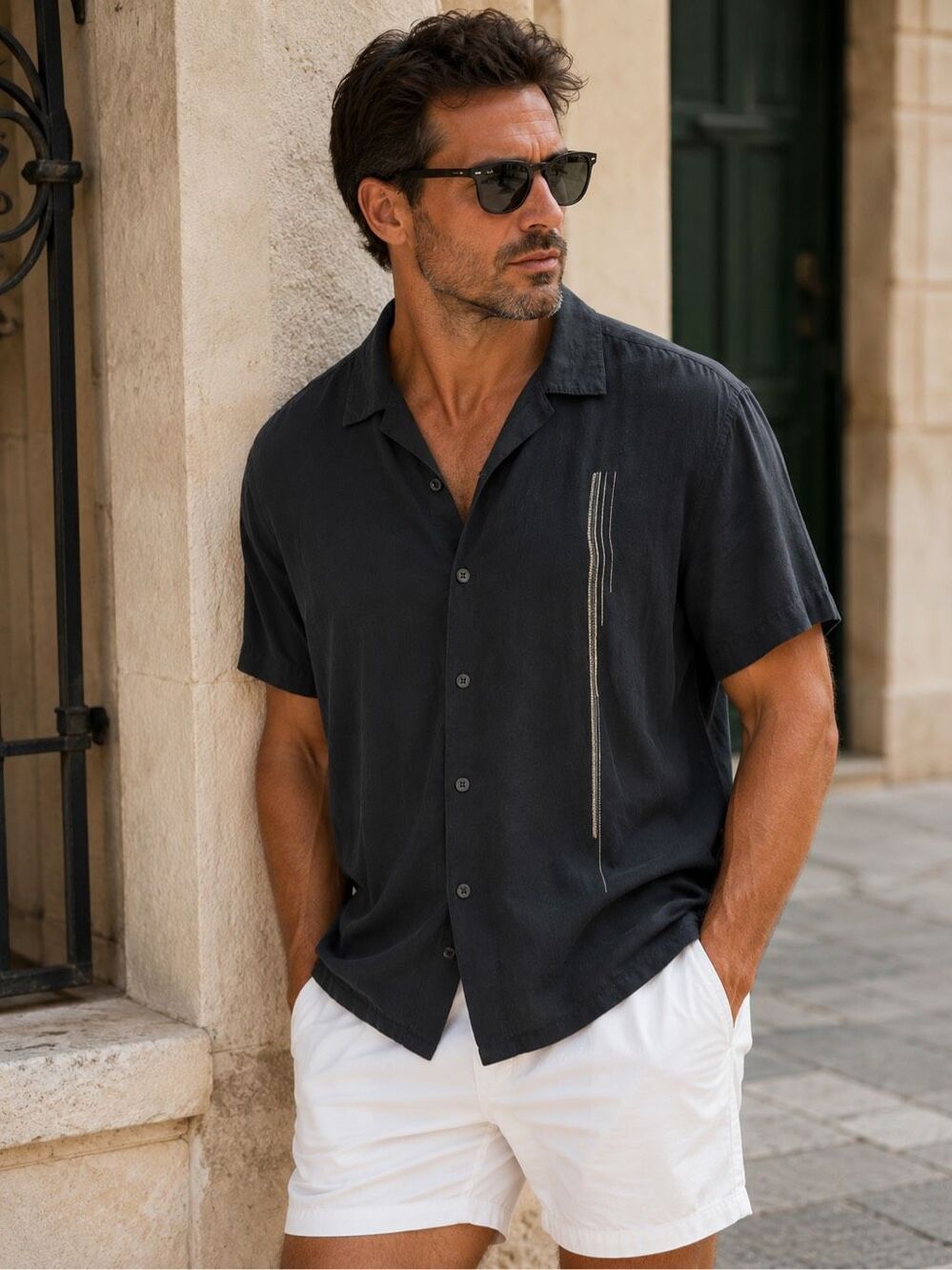 AXIST 100% Silk Shirt Size L Black Rare Mens Short Sleeve Camp Collar